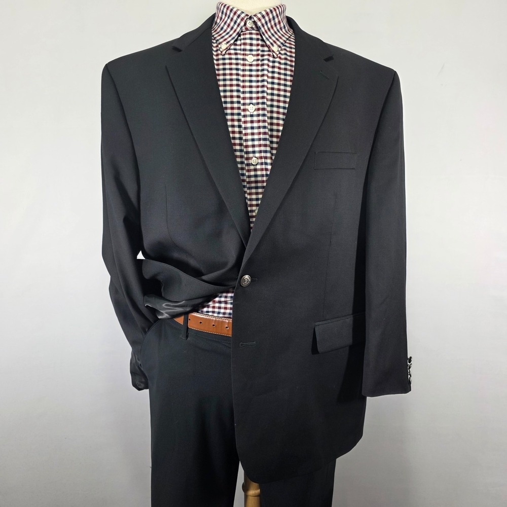 Chaps Men's Sport Coat Blazer Two Silver Buttons Solid Black Twill Wool Size 48R